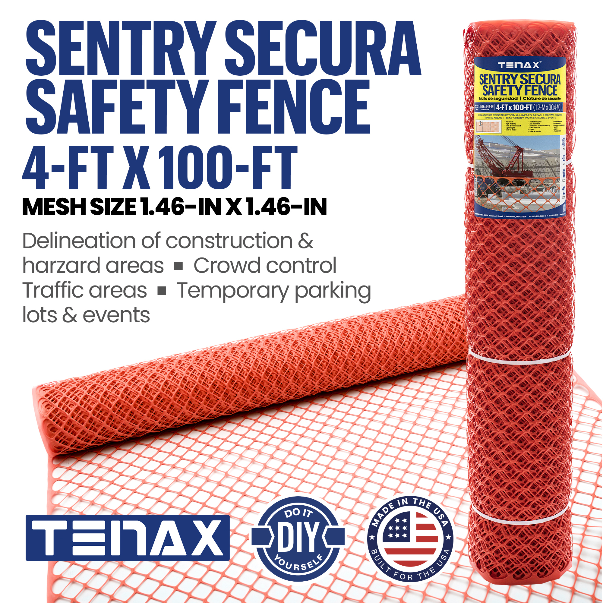 Tenax Sentry Secura Diamond Safety Fence — 4ft. x 100ft., Orange, High-Density Polyethylene, Model# 64012304co